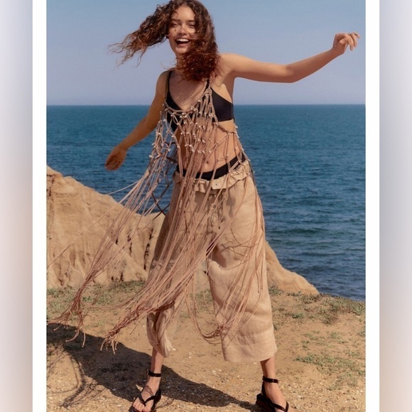 Anthropologie Natalia Linen Wide Leg Pants Women’s L High Waist Crop Boho Tan - Picture 3 of 16